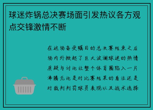 球迷炸锅总决赛场面引发热议各方观点交锋激情不断